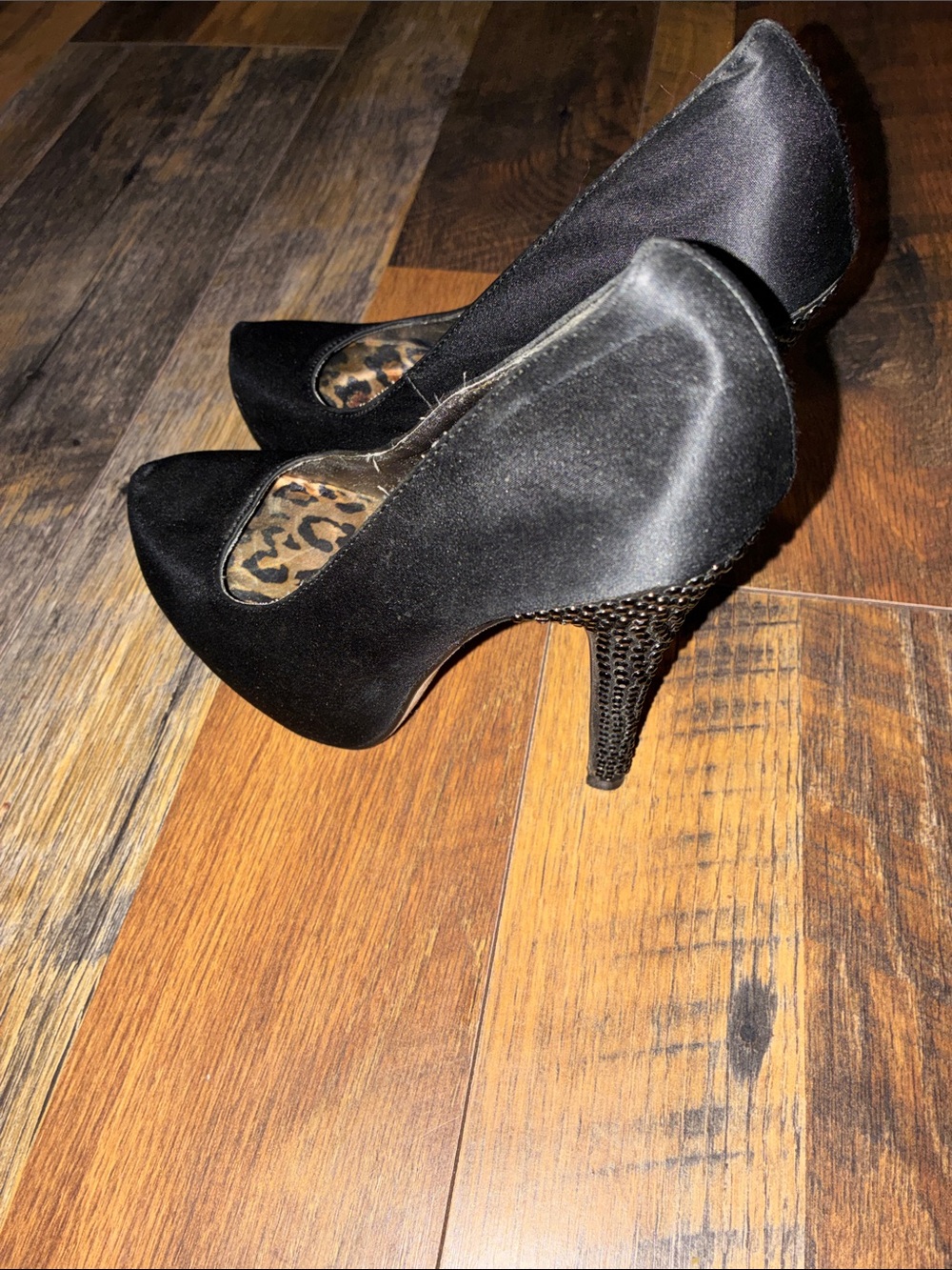 Black Satin High Heel Pumps with Leopard Insole